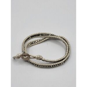 Chan Luu Metallic Silver Beaded Cream Leather Double Wrap Bracelet Boho